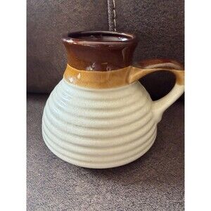 Vintage 1970s Glazed Ceramic Pottery Weighted Flared Bottom Mug Brown Cream Cup